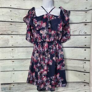 Maurices Women’s S Floral Cold Shoulder Dress Navy Pink Ruffle Off Shoulder Halt